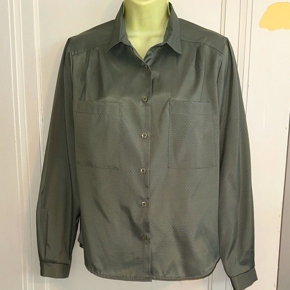 Vintage 80s Lucia Sage Green Shiny‎ Polyester Long Sleeve Shirt